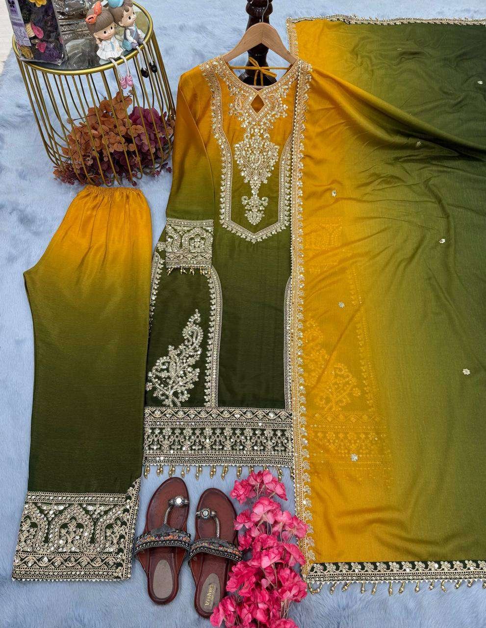 Women's Chinon Silk Embroidery Straight Pakistani Salwar Suit and Dupatta - Image 6