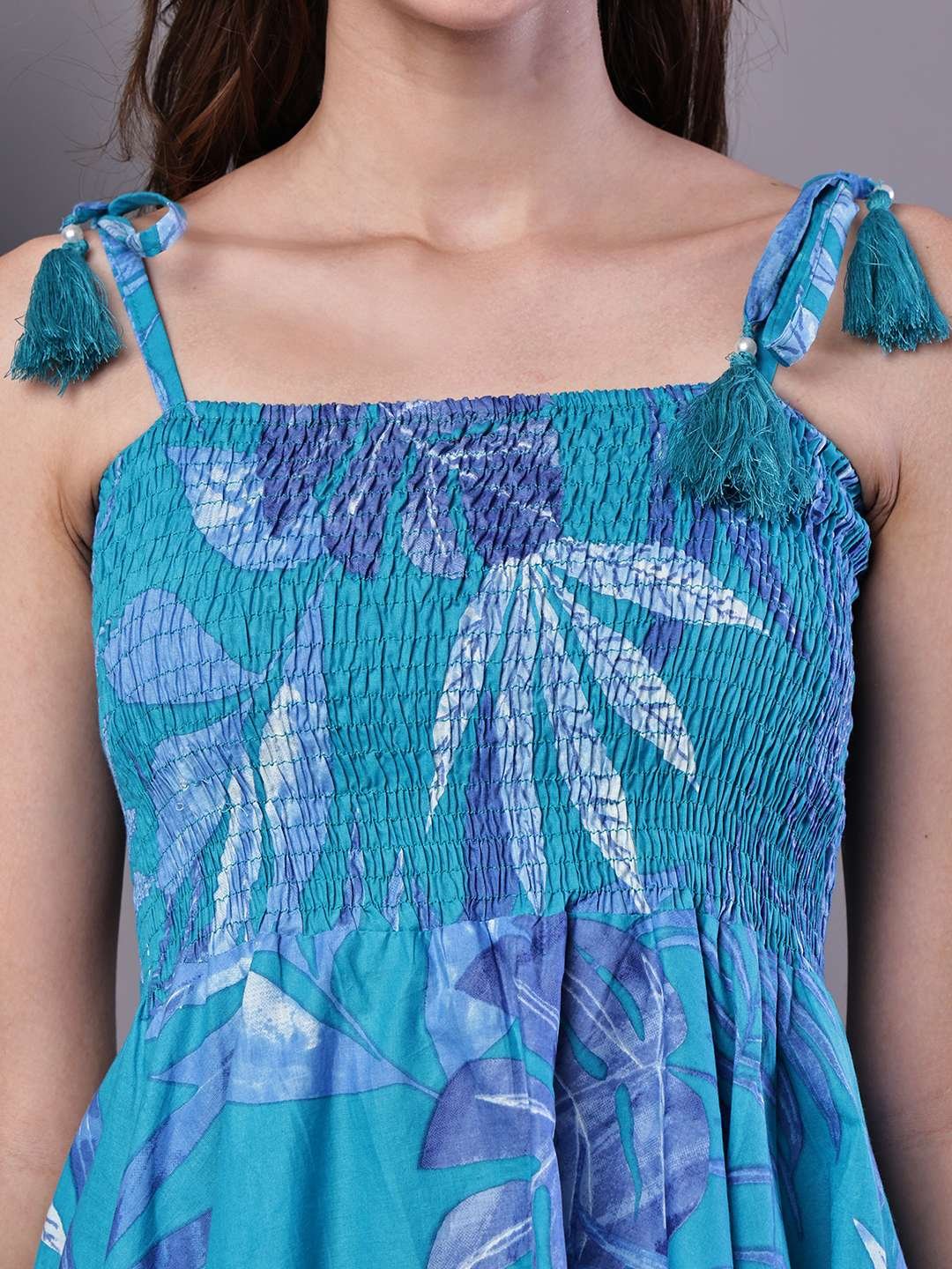 Women's Blue Printed Asymmetrical Hem Smocked A-Line Dress Midi Dresses - Image 5