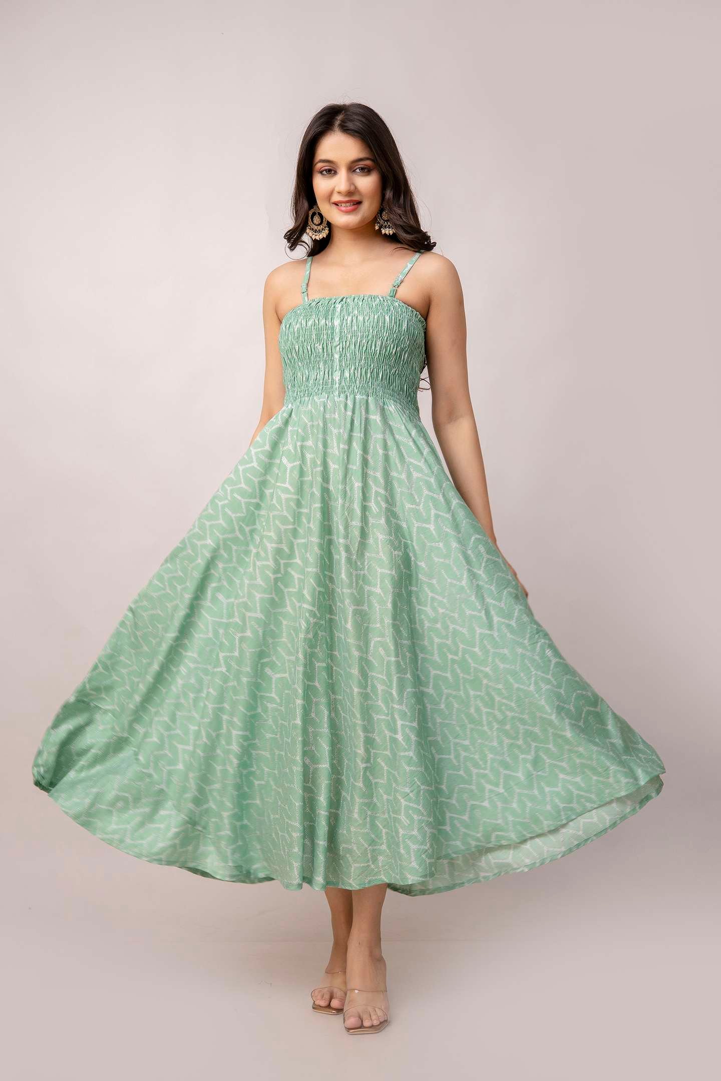 Women's Silk Printed Shoulder Straps Sleeveless Anarkali Gown Drees (GREEN-SUI)