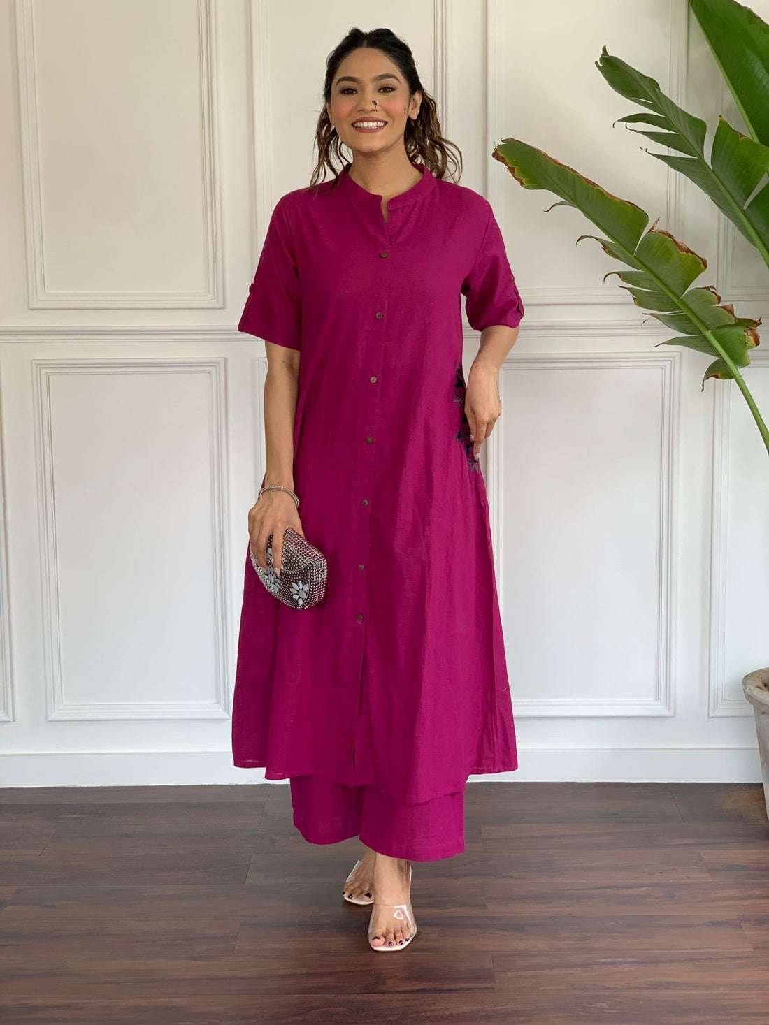 Women's Cotton Embroiderd Long A-Line Kurti with Palazzo - Image 3