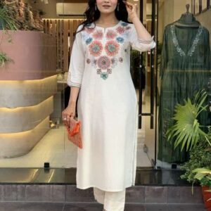 Women's Pure Cotton Embroidery Floral Printed Straight Coo-rd Set Kurti with Pant (White)