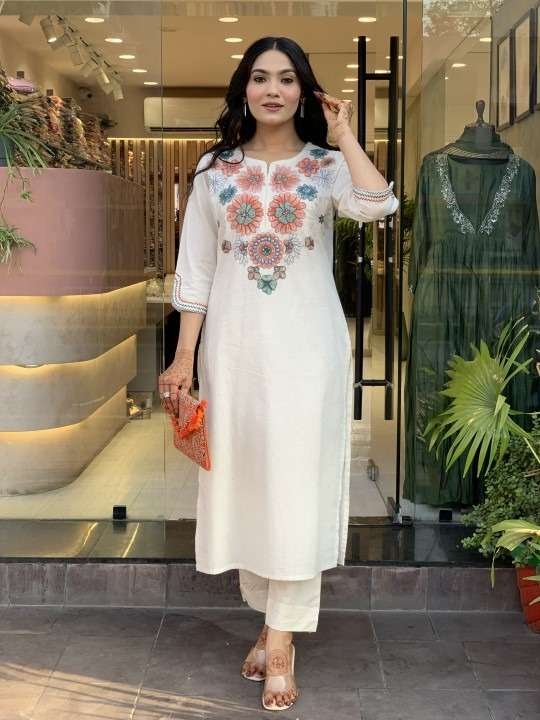 Women's Pure Cotton Embroidery Floral Printed Straight Coo-rd Set Kurti with Pant (White)