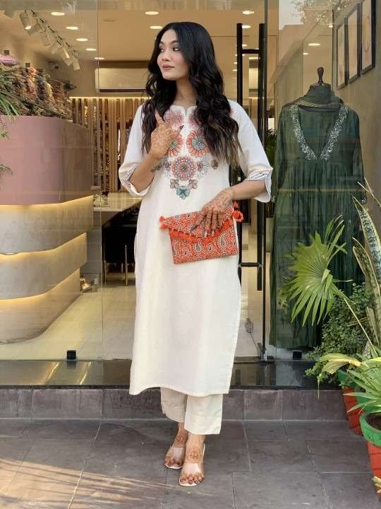 Women's Pure Cotton Embroidery Floral Printed Straight Coo-rd Set Kurti with Pant (White) - Image 3