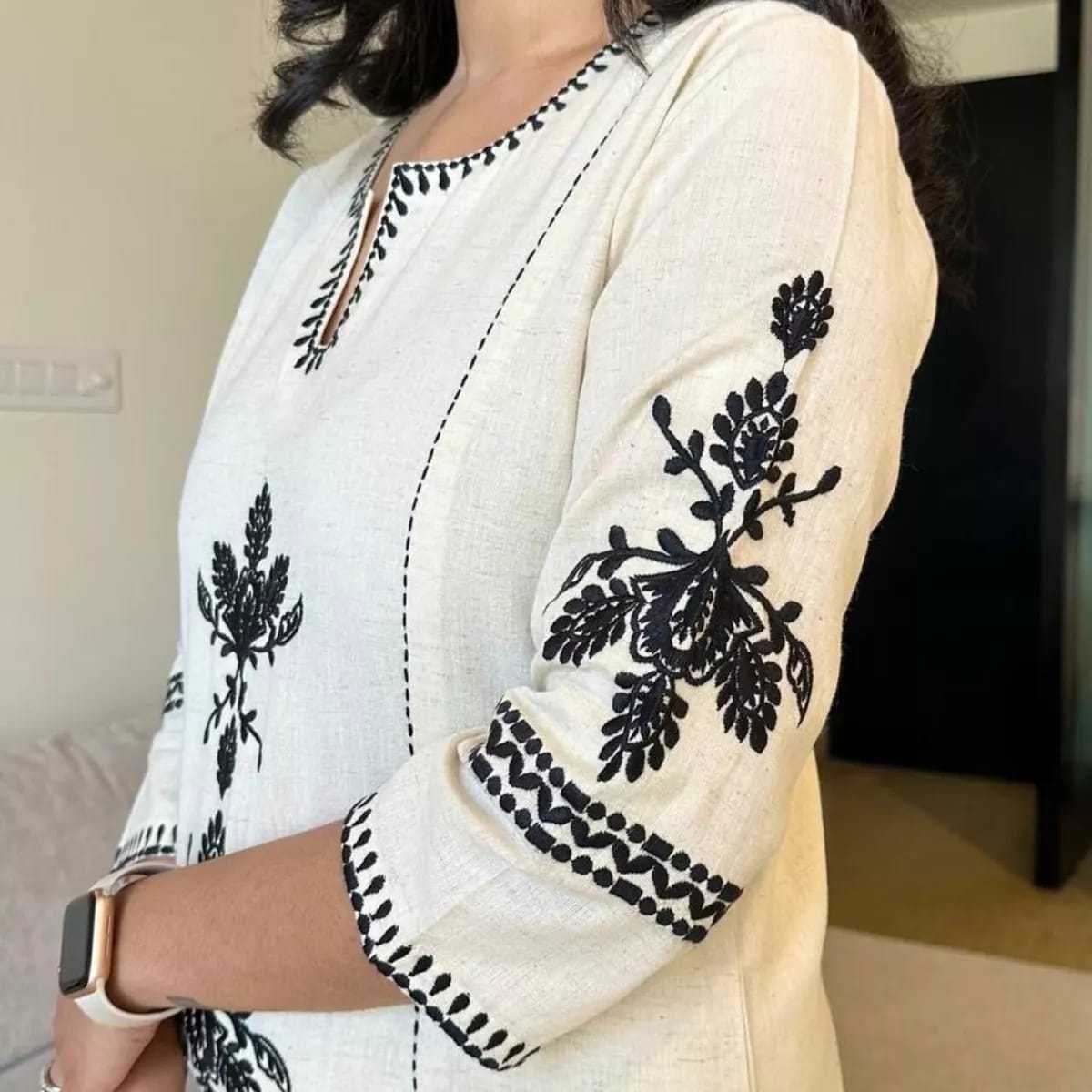 Women's Cotton Embroidered Straight Kurta with Palazzo (White) - Image 3