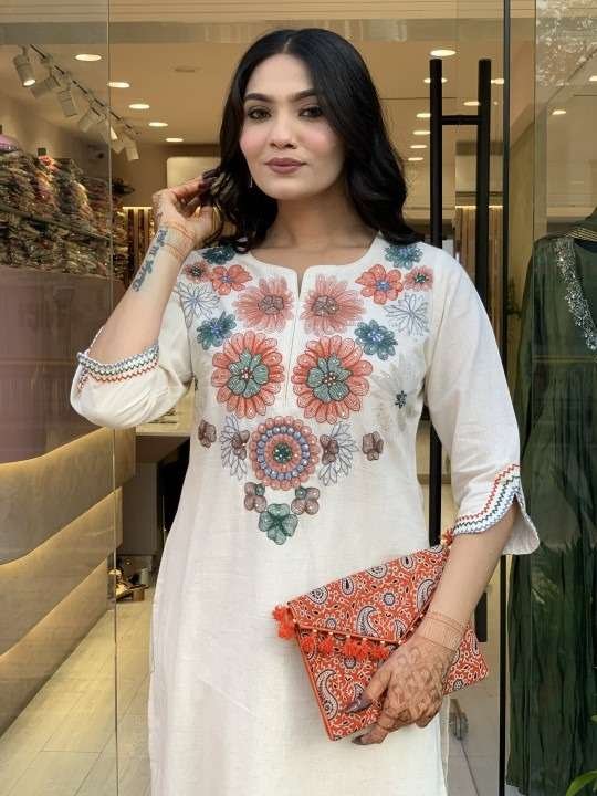 Women's Pure Cotton Embroidery Floral Printed Straight Coo-rd Set Kurti with Pant (White) - Image 4