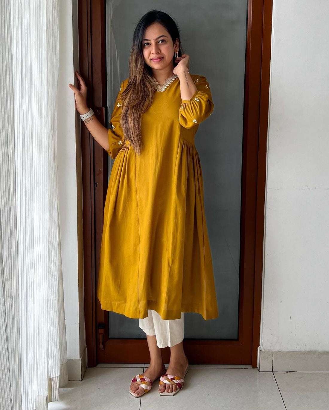 Women's Cotton Embroidered Anarkali Kurti with pant - Image 2