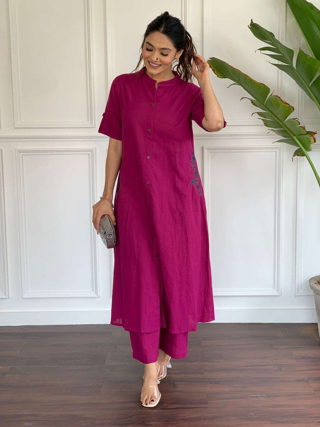 Women's Cotton Embroiderd Long A-Line Kurti with Palazzo - Image 2