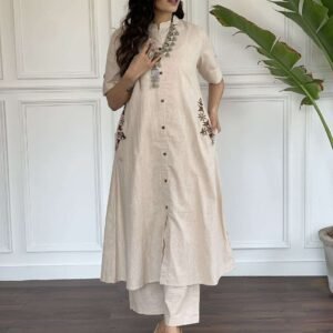 Women's Cotton Embroidered A-Line Kurti With Pant