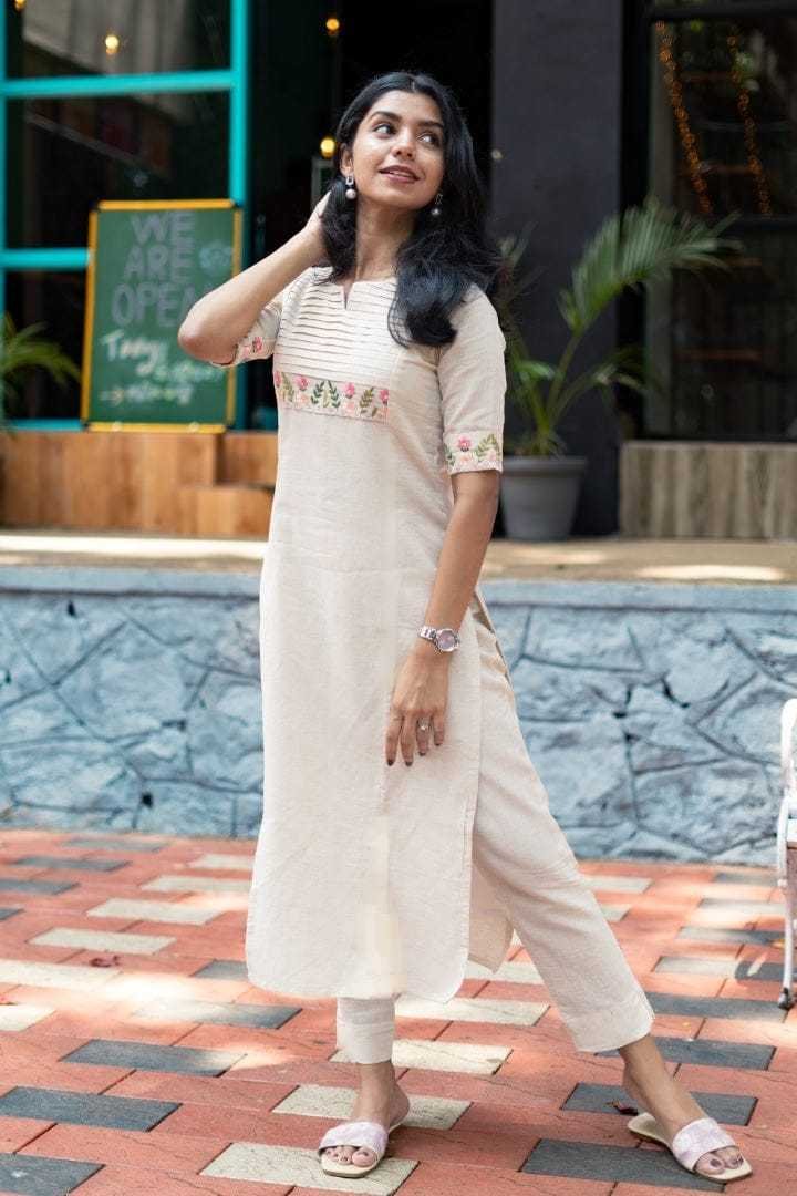 Women's Cotton Embroidered Straight Kurta with Palazzo (White)