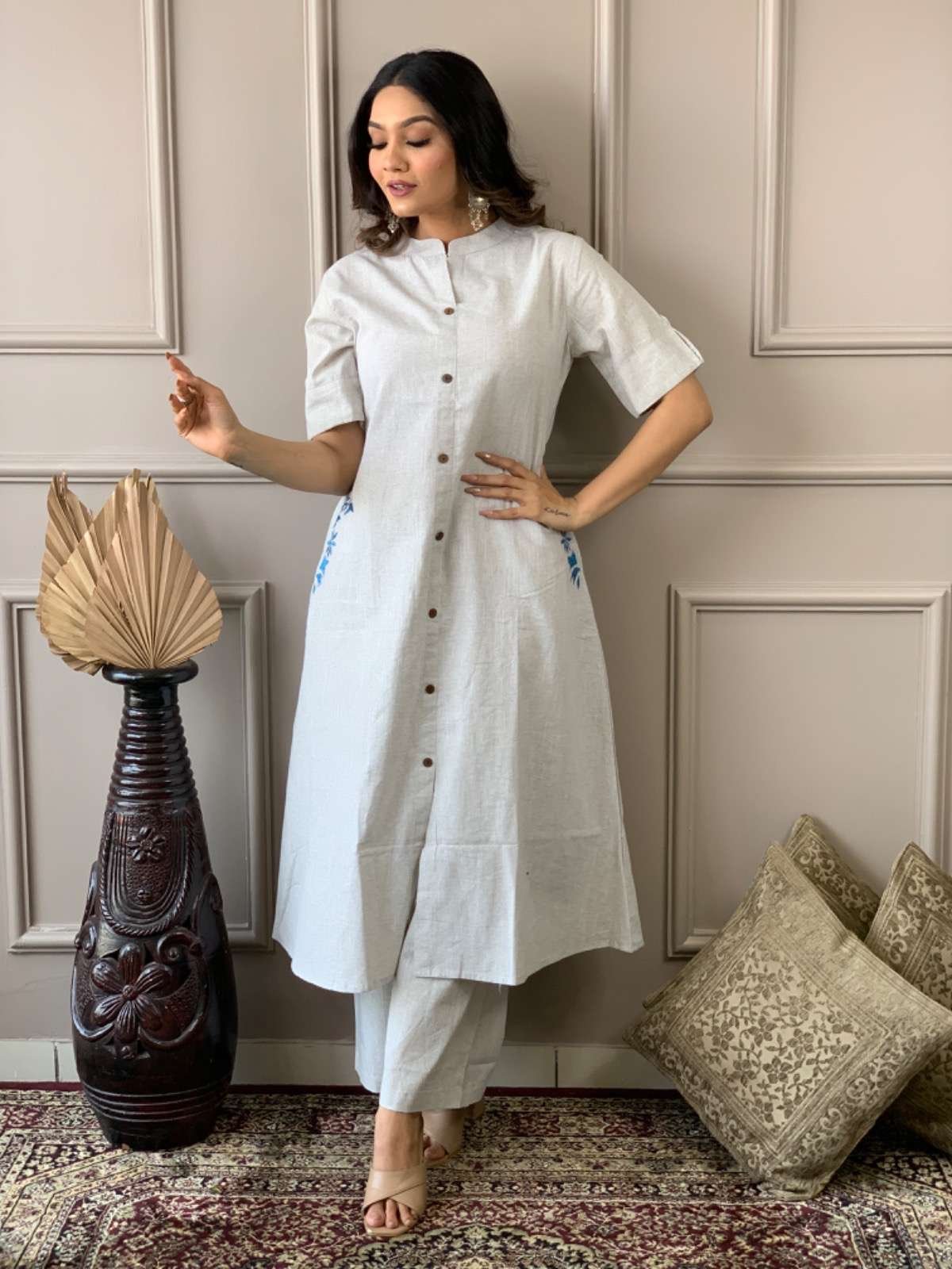 Women's Cotton Embroiderd Long A-Line Kurti with Palazzo - Image 4