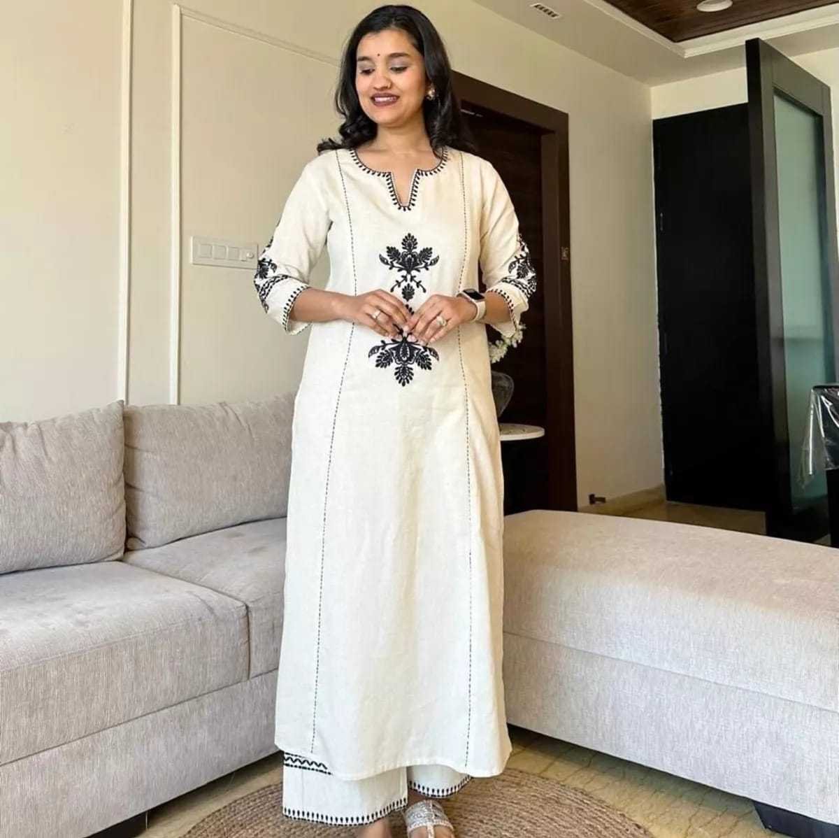 Women's Cotton Embroidered Straight Kurta with Palazzo (White) - Image 2