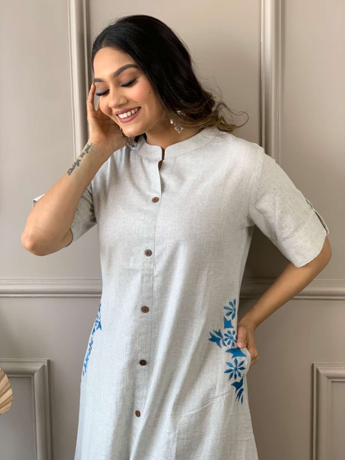 Women's Cotton Embroiderd Long A-Line Kurti with Palazzo - Image 3