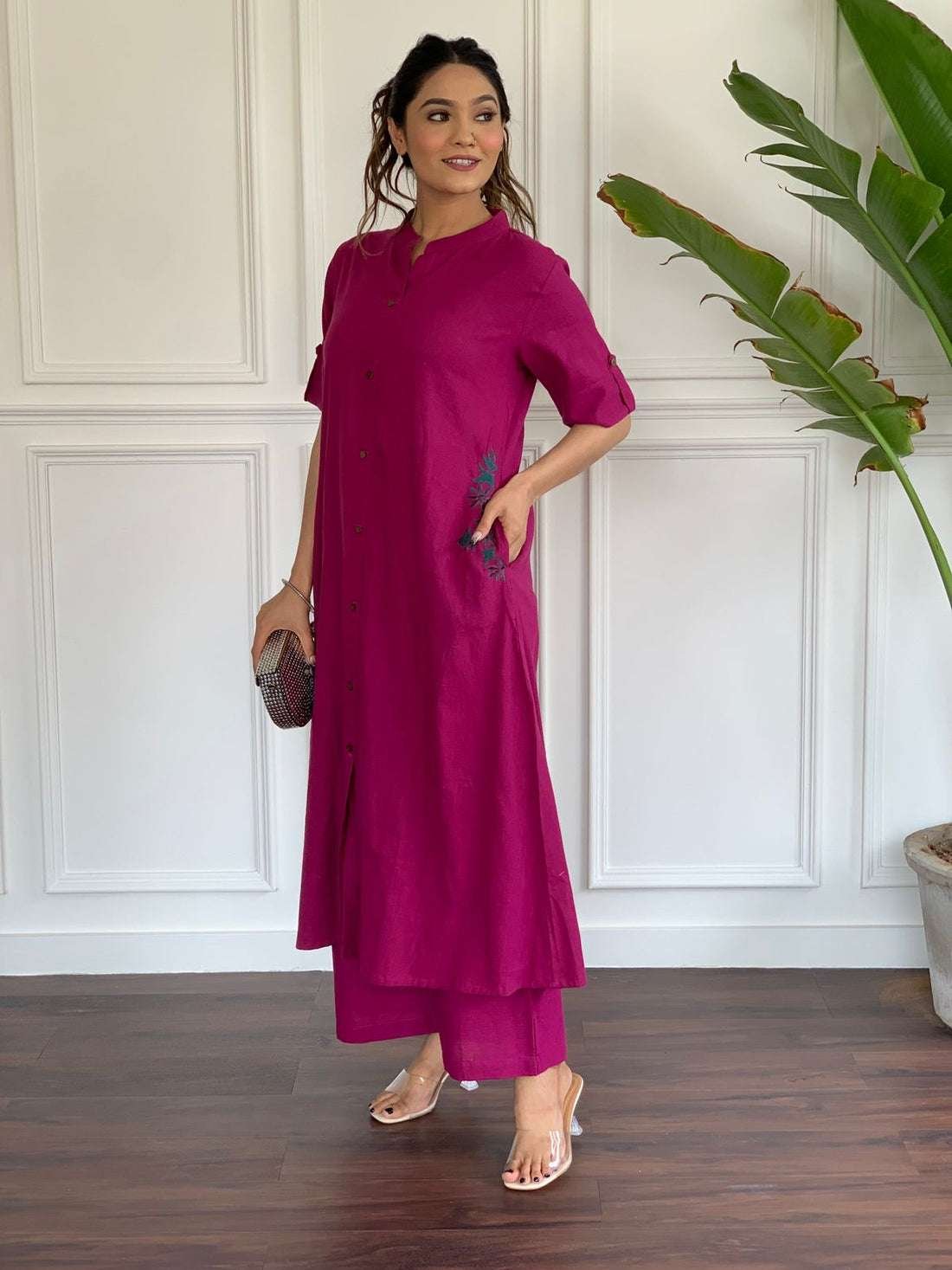 Women's Cotton Embroiderd Long A-Line Kurti with Palazzo