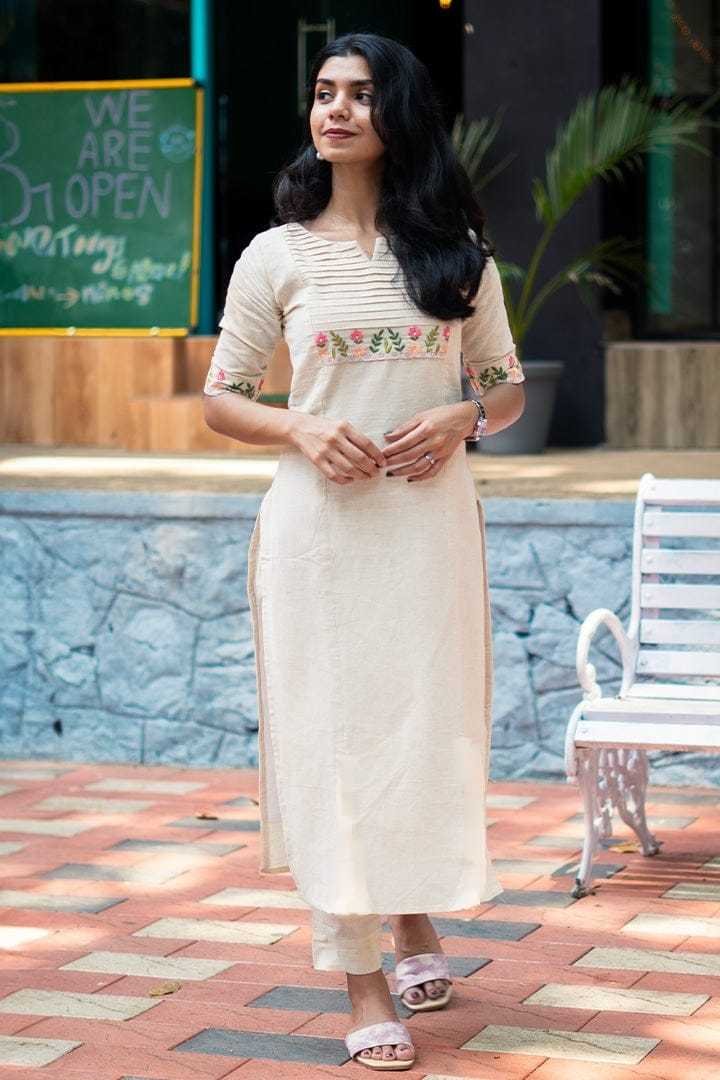 Women's Cotton Embroidered Straight Kurta with Palazzo (White) - Image 4