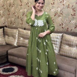 Women's Cotton Printed Long Anarkali Kurti With Pant