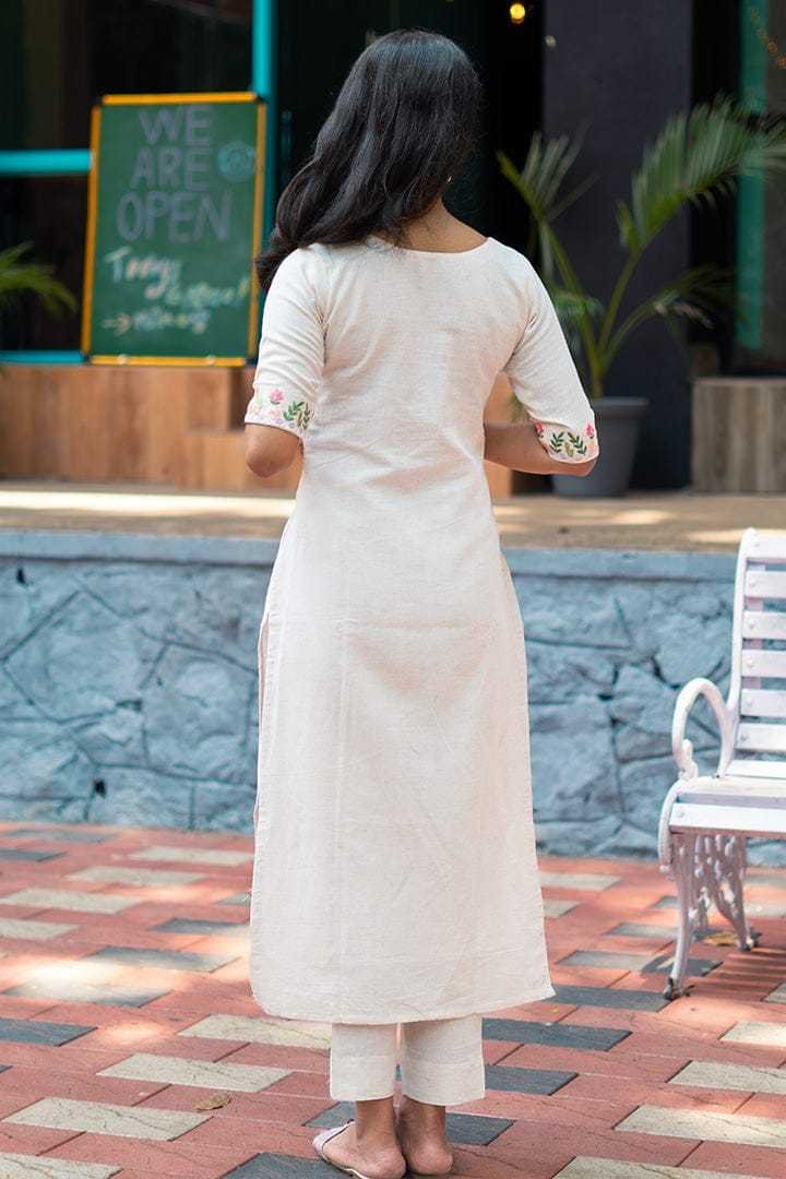 Women's Cotton Embroidered Straight Kurta with Palazzo (White) - Image 2