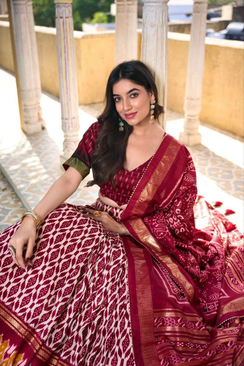 Full Maroon Tussar Silk Lehenga Choli with White Blouse | Patola Print & Foil Work | Wedding & Festive Wear - Image 4