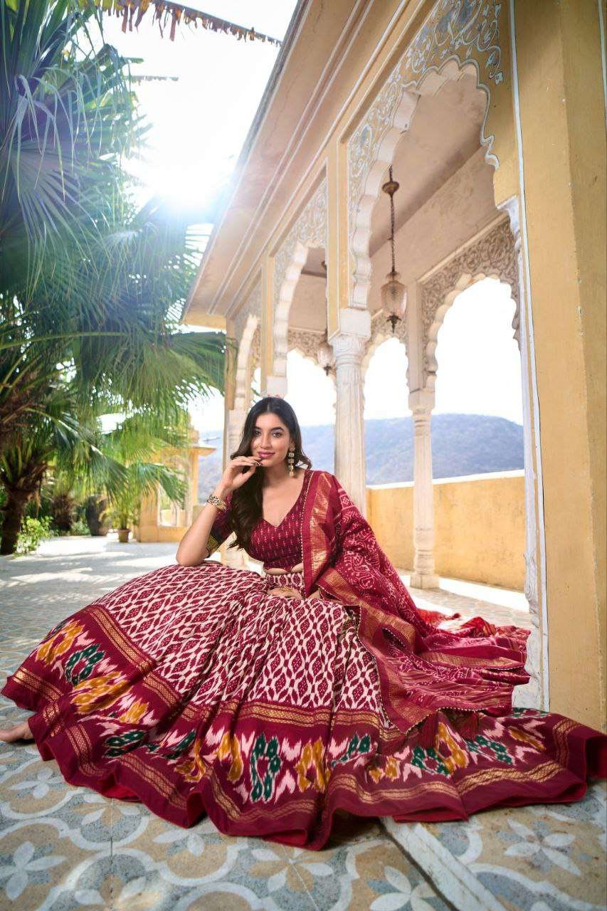 Full Maroon Tussar Silk Lehenga Choli with White Blouse | Patola Print & Foil Work | Wedding & Festive Wear - Image 3