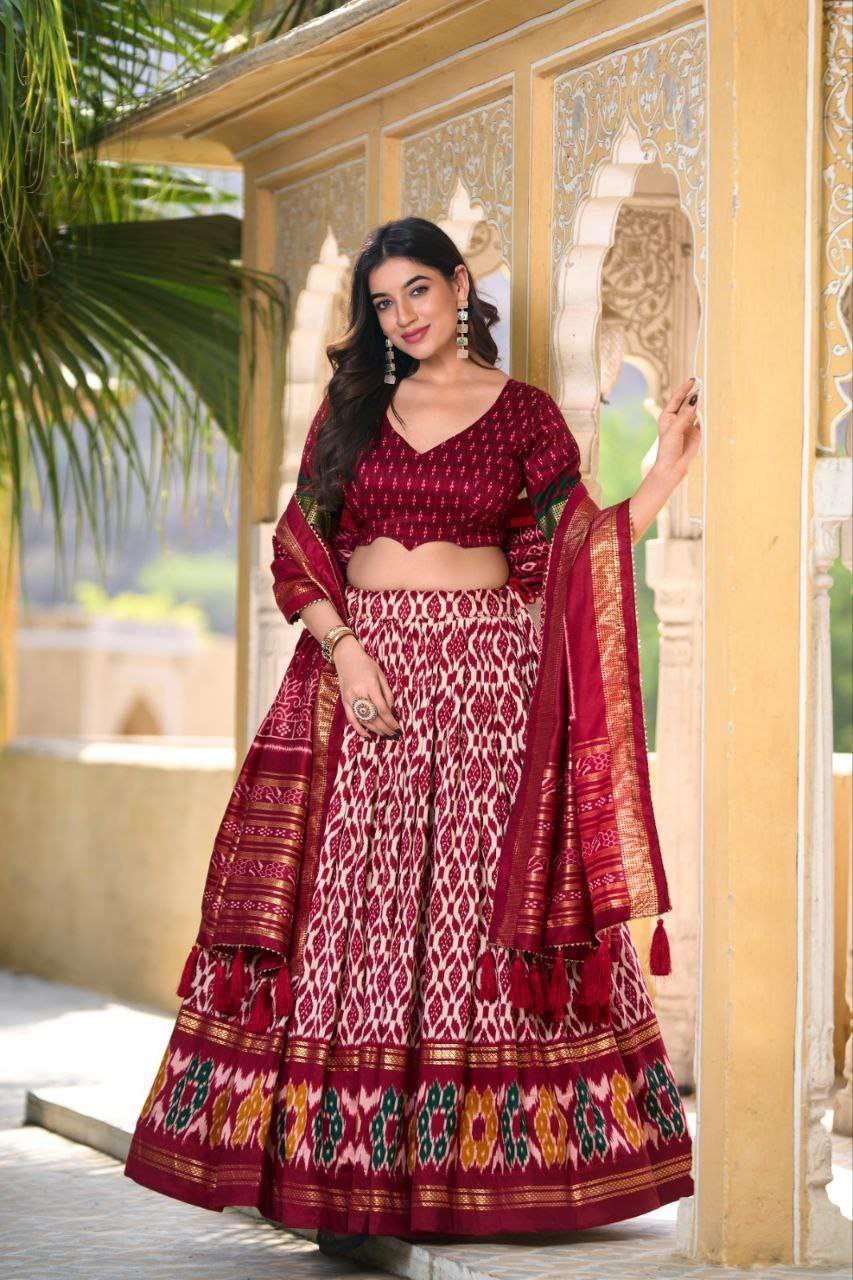 Full Maroon Tussar Silk Lehenga Choli with White Blouse | Patola Print & Foil Work | Wedding & Festive Wear